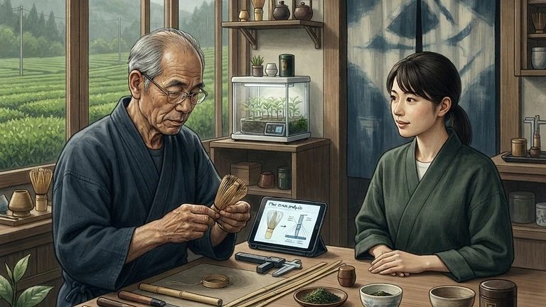 Steeped in Change: The Living Future of Japanese Tea Culture: AI-generated editorial illustration for NATION CONTINUITY.