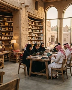 Saudi visitors in a modern cultural space featuring Arabic books and traditional architecture.
