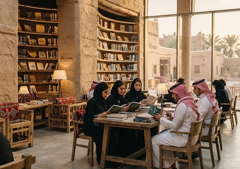 Saudi visitors in a modern cultural space featuring Arabic books and traditional architecture.