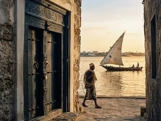 East African dhow and carved Zanzibar stone-town door