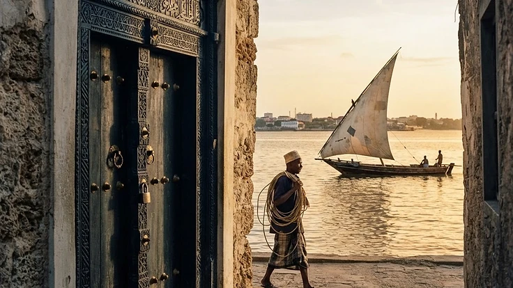 East African dhow and carved Zanzibar stone-town door