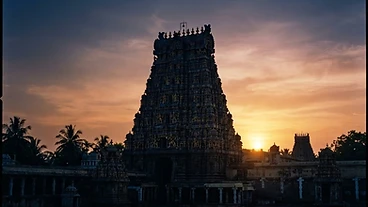 South Indian temple gopuram silhouette at sunrise