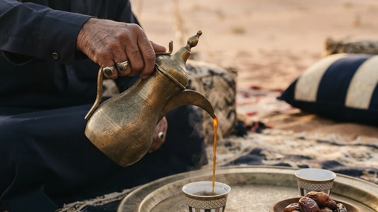 Arabic coffee poured from a dallah into a finjan on a brass tray