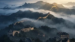 The Great Wall winding through misty mountains at dawn