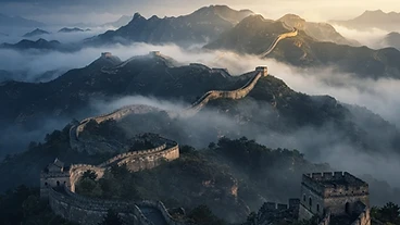 The Great Wall winding through misty mountains at dawn