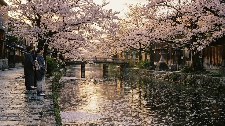 Cherry blossom petals over a Kyoto river at dawn