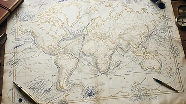 World map in gold lines on aged ivory paper surrounded by notes