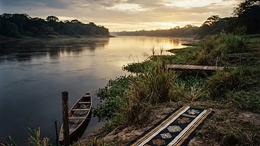 Paraguayan riverbank at dawn with Indigenous woven motifs