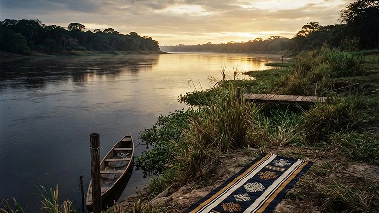 Paraguayan riverbank at dawn with Indigenous woven motifs
