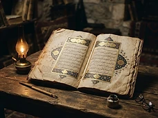 Open Arabic poetry manuscript with ornate calligraphy