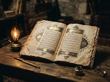 Open Arabic poetry manuscript with ornate calligraphy