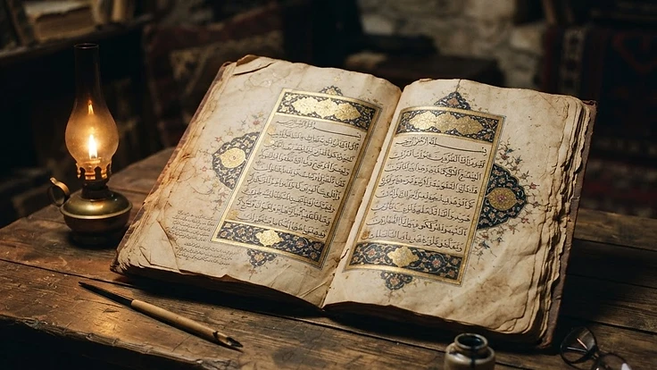 Open Arabic poetry manuscript with ornate calligraphy