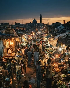 Lagos, Nigeria street market at dusk with a mosque silhouette