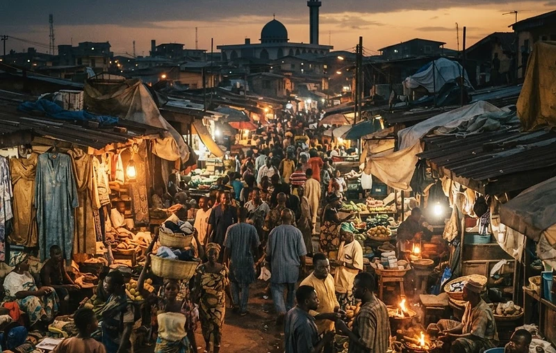 Lagos, Nigeria street market at dusk with a mosque silhouette