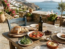 Mediterranean table with olive oil, bread and herbs