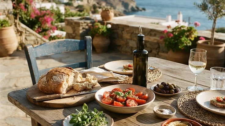 Mediterranean table with olive oil, bread and herbs