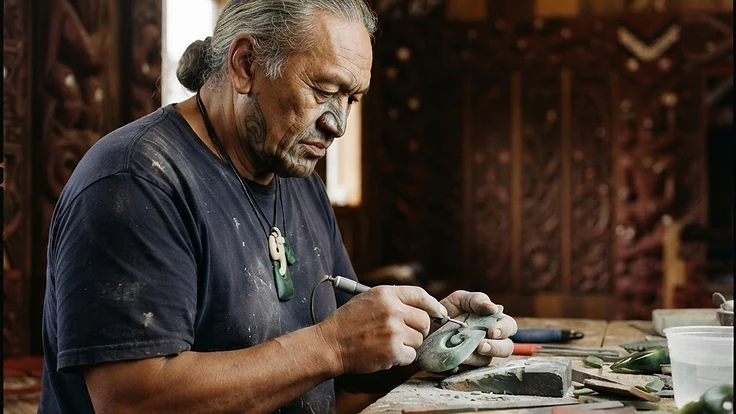 Māori carver working a pounamu greenstone pendant