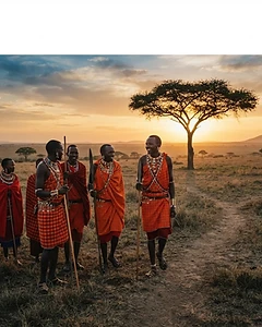 Tanzanian Maasai villagers on the savanna at sunset
