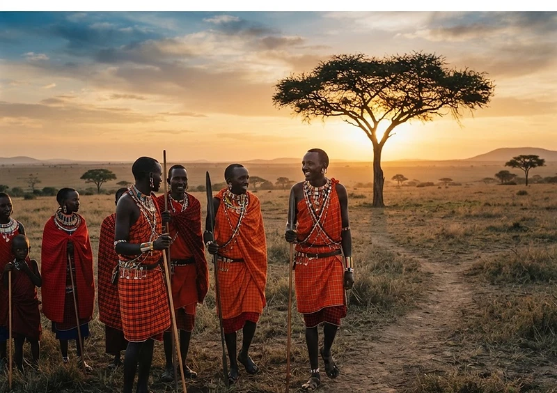 Tanzanian Maasai villagers on the savanna at sunset