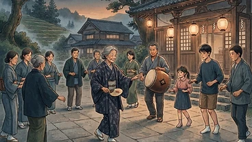 The Rhythms of Resonance: Furyu-odori and Japanese Community Life: AI-generated editorial illustration for NATION CONTINUITY.