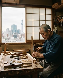 A Japanese craftsperson working in a traditional workshop with a modern city visible beyond.