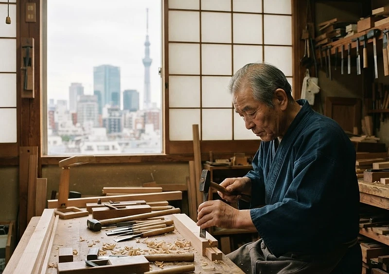 A Japanese craftsperson working in a traditional workshop with a modern city visible beyond.