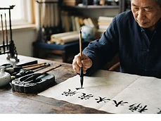 Chinese calligrapher brushing ink characters on rice paper