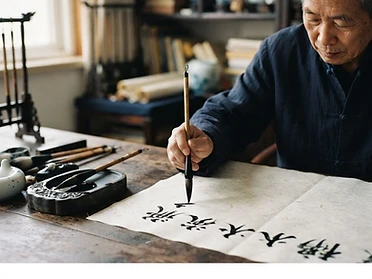 Chinese calligrapher brushing ink characters on rice paper