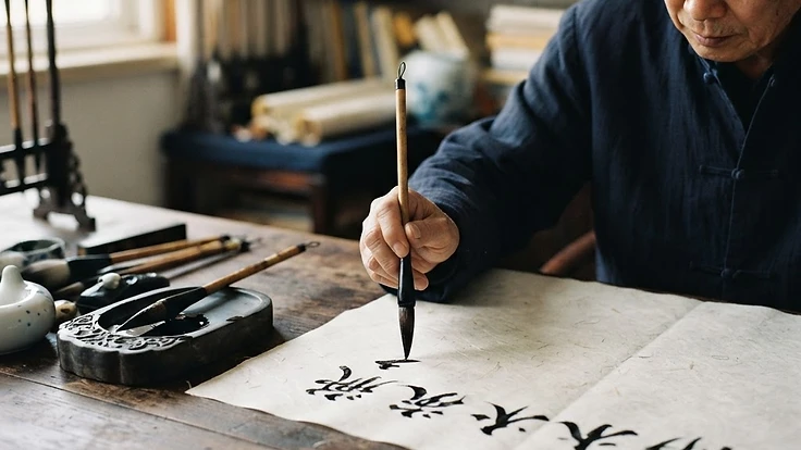 Chinese calligrapher brushing ink characters on rice paper