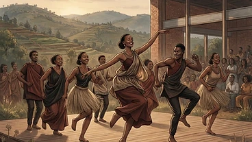 Rhythms of Resilience: How Rwandan Dance Evolves: AI-generated editorial illustration for NATION CONTINUITY.