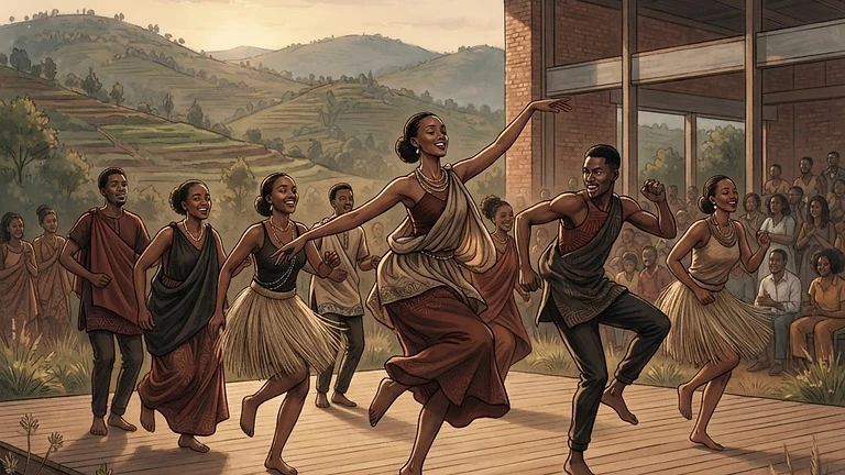Rhythms of Resilience: How Rwandan Dance Evolves: AI-generated editorial illustration for NATION CONTINUITY.