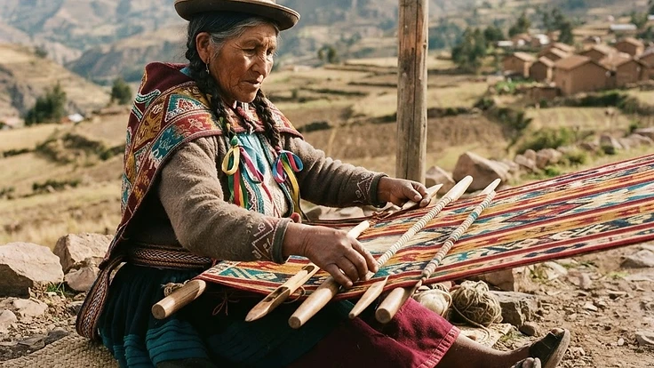 Andean woman weaving an aguayo textile on a backstrap loom