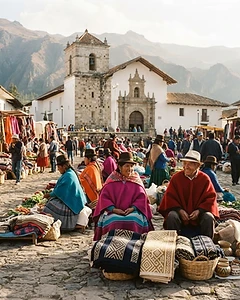 Ecuadorian Andean market town with indigenous vendors