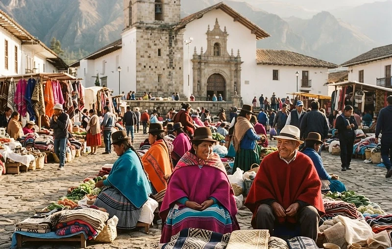 Ecuadorian Andean market town with indigenous vendors