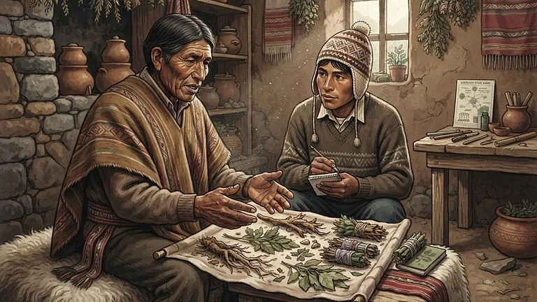 Healing Traditions: The Kallawaya of the Andes: AI-generated editorial illustration for NATION CONTINUITY.