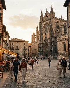 European old-town square with a gothic cathedral at golden hour
