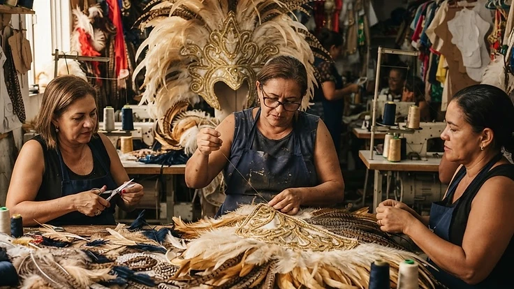 Brazilian carnival artisans sewing feathered costumes in a samba school