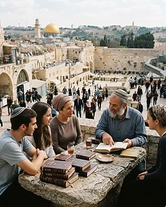 Jerusalem civic and cultural life with Hebrew books and historic architecture.