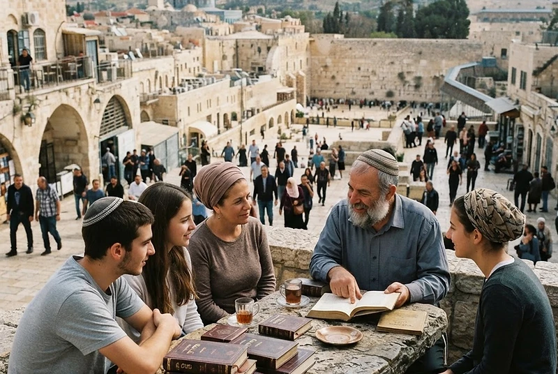 Jerusalem civic and cultural life with Hebrew books and historic architecture.