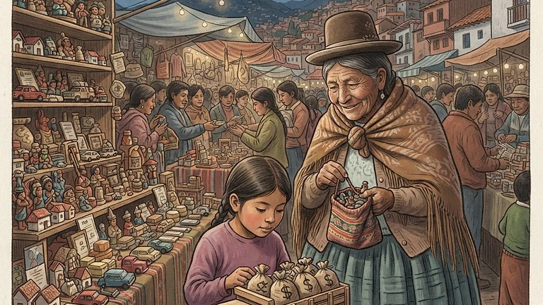 Tiny Ambitions: The Evolution of La Paz’s Alasita Festival: AI-generated editorial illustration for NATION CONTINUITY.