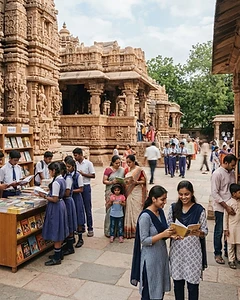 Indian students and families in a cultural setting showing multiple scripts and historic architecture.