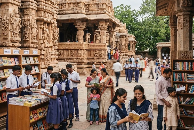 Indian students and families in a cultural setting showing multiple scripts and historic architecture.