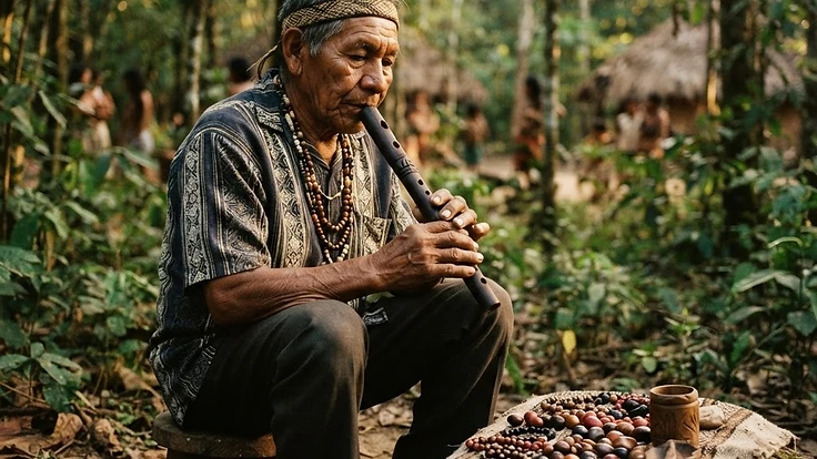 Guaraní community in Paraguay with a carved wooden flute