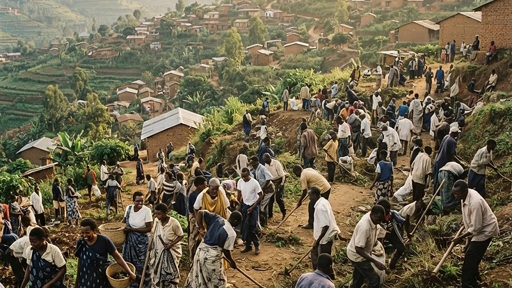 Rwandan community gathered for Umuganda communal work