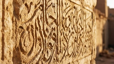 Arabic calligraphy carved into sandstone under golden light
