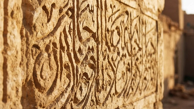 Arabic calligraphy carved into sandstone under golden light