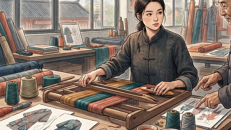 Weaving the Future: China’s New Wave of Heritage Design: AI-generated editorial illustration for NATION CONTINUITY.