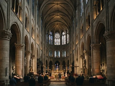 Gothic cathedral interior with stone arches and stained glass