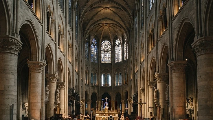 Gothic cathedral interior with stone arches and stained glass