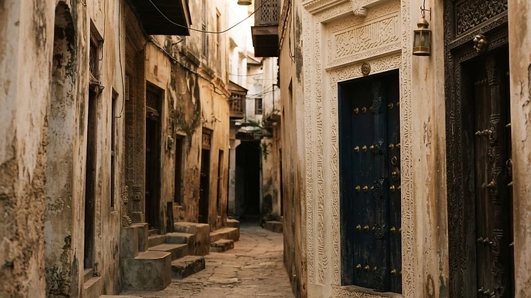 Swahili coastal stone town alley with carved wooden doors